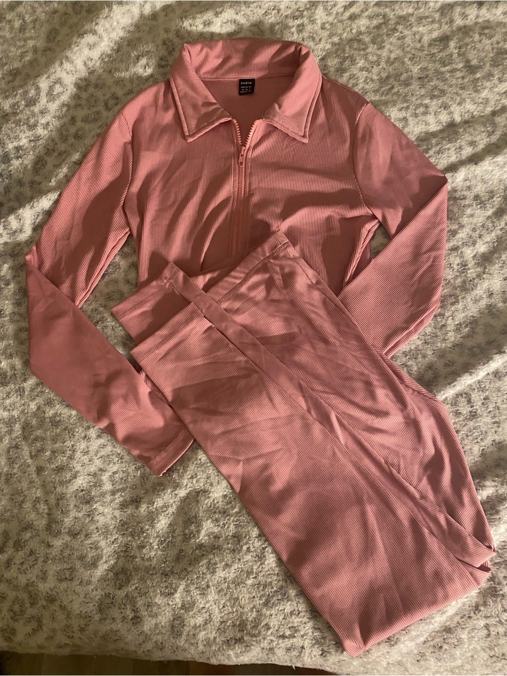 Pink Two-Piece Ribbed Zip Top and Pants Set